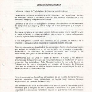 Declaración CUT por muerte de sindicalista en huelga FABISA [2001]