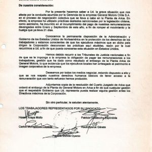 Carta a Embajada de EEUU por huelga en General Motors Arica [1998]