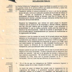 Declaración CUT: reducción de jornada laboral y huelga FABISA [2001]