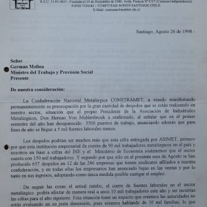 Carta de CONSTRAMET a Ministro del Trabajo y Previsión Social por despidos [1998]