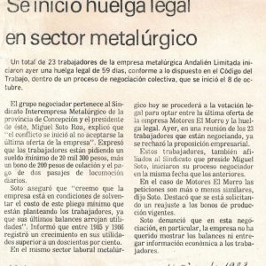 “Se inició huelga legal en sector metalúrgico” [1987]